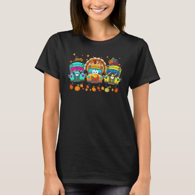 Three School Buses Pilgrim Turkey Fall Vibes Thank T-Shirt (Front)