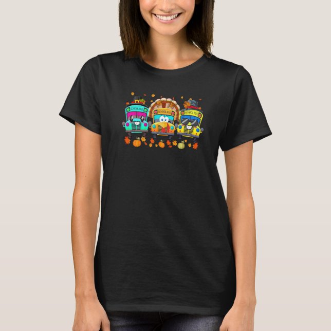 Three School Buses Pilgrim Turkey Fall Vibes Thank T-Shirt (Front)