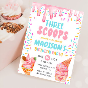 Three Scoops Girls Ice Cream 3rd Birthday Invitation