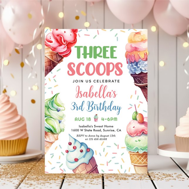 Three Scoops Girls Ice Cream 3rd Birthday  Invitation (Creator Uploaded)