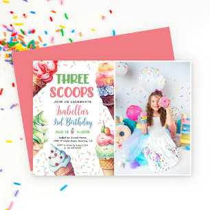 Three Scoops Girls Ice Cream 3rd Birthday Invitation