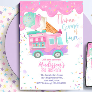 Three Scoops Of Fun 3rd Birthday Invitation