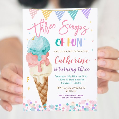 Three Scoops Of Fun 3rd Birthday Party Invitation