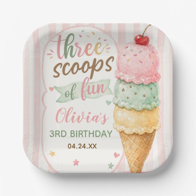 Three Scoops Of Fun 3rd Birthday Party  Paper Plates (Front)