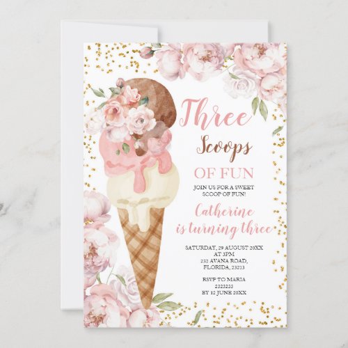 Three Scoops Of Fun Ice Cream 3rd Birthday Party Invitation