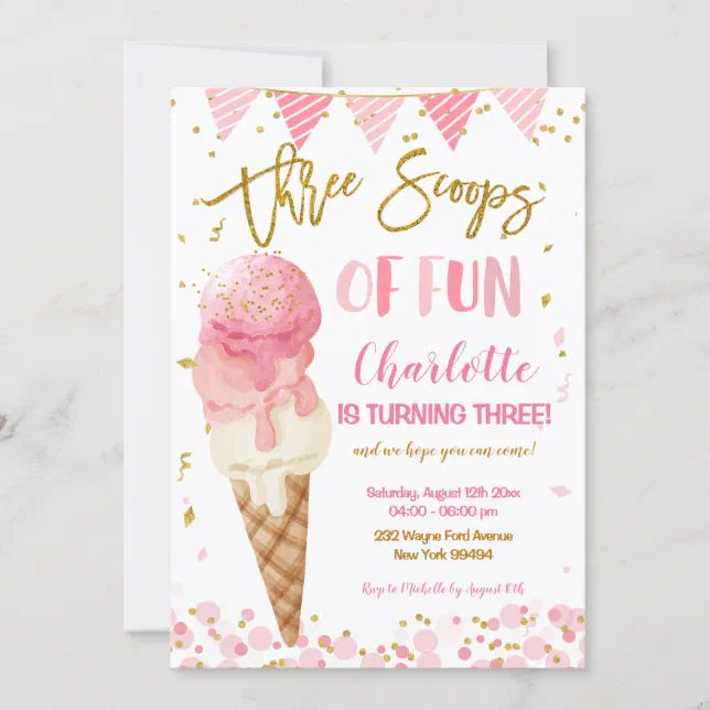 Three Scoops Of Fun Ice Cream 3rd Birthday Party Invitation Zazzle