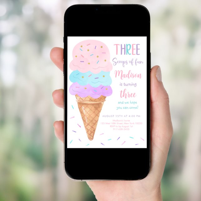 Three Scoops of Fun Ice Cream Birthday Invitation (Front Digital)