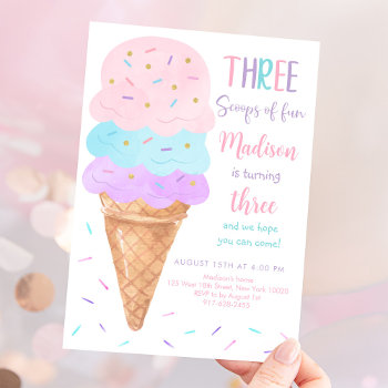 Three Scoops Of Fun Ice Cream Birthday Invitation by LittlePrintsParties at Zazzle