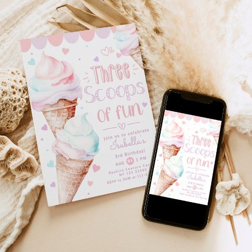 Three scoops of fun Ice cream birthday Invitation