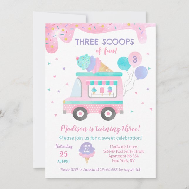 Three Scoops of fun Ice Cream Birthday Invitations (Front)