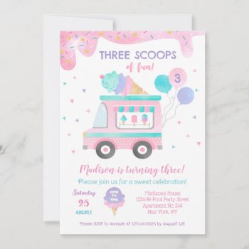 Three Scoops Of Fun Ice Cream Birthday Invitations by SugarPlumPaperie at Zazzle