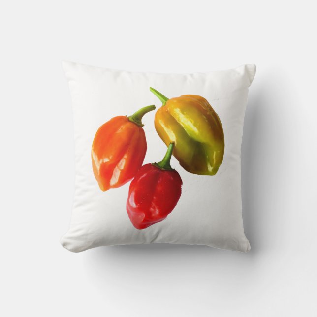 Three Scotch Bonnet Peppers Red Orange Yellow Pic Throw Pillow (Front)