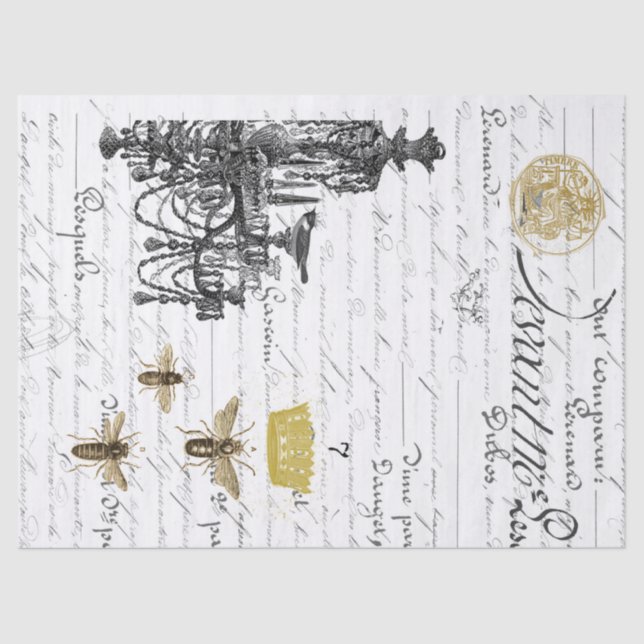 Three Script Bees Decoupage Tissue Collage Paper (Front)