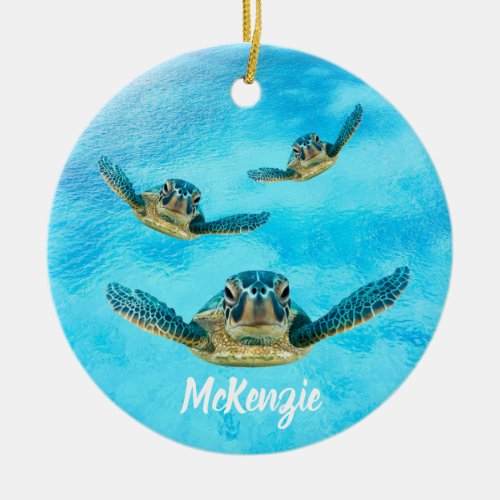 Three Sea Turtles Swimming Ceramic Ornament