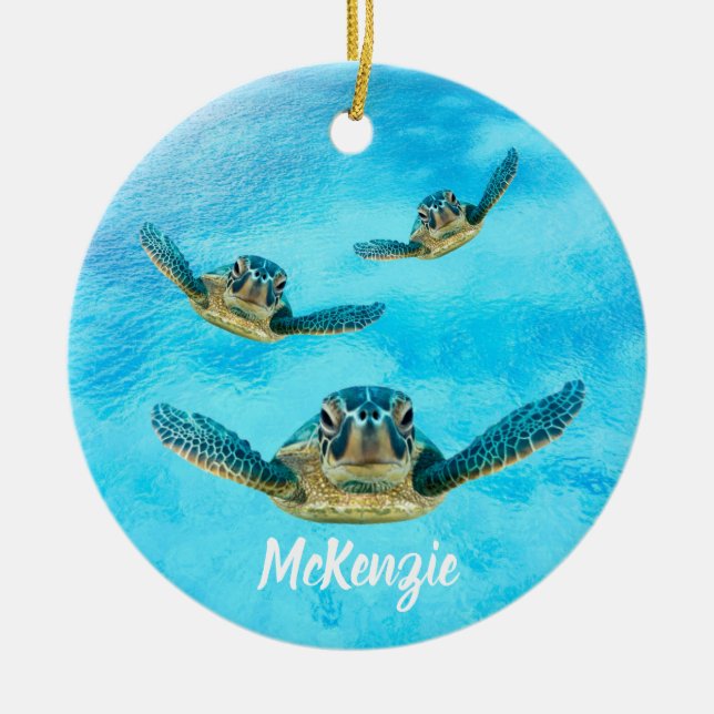 Three Sea Turtles Swimming Ceramic Ornament (Front)