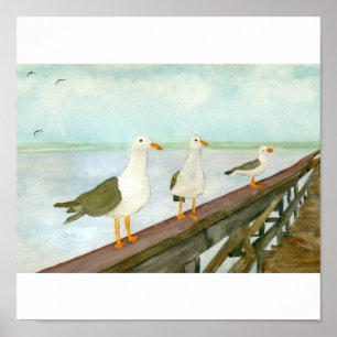 Three Seagulls on Railing Poster