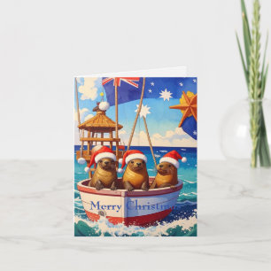 Three Seals with Santa hats Merry Christmas Holiday Card
