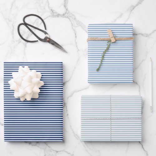 Three Shades of Blue Stripes Wrapping Paper Sheets