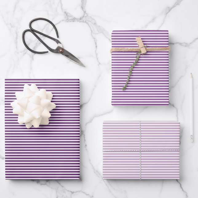 Three Shades Purple Stripes Wrapping Paper Sheets (Front)