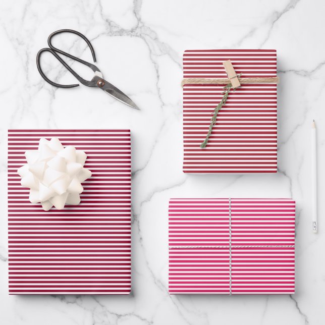 Three Shades Red Stripes Wrapping Paper Sheets (Front)