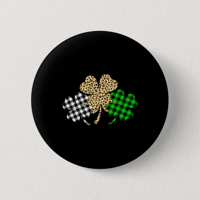 Three Shamrocks Leopard Buffalo Plaid St Patrick D Button (Front)
