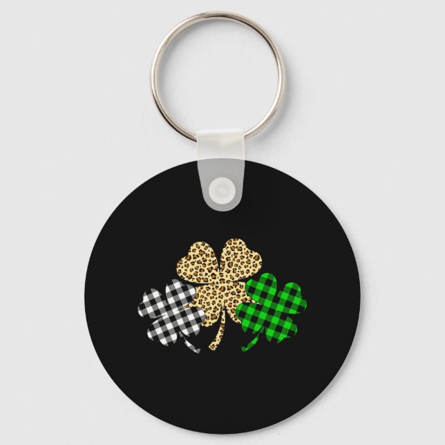 Three Shamrocks Leopard Buffalo Plaid St Patrick D Keychain (Front)