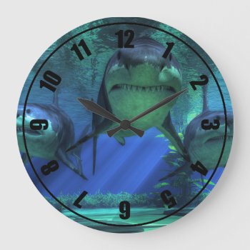 Three Sharks Large Clock by ArtOfDanielEskridge at Zazzle