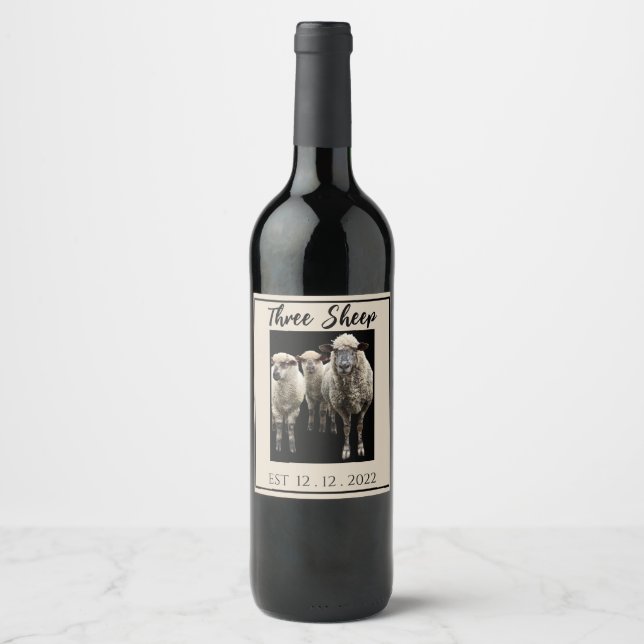 THREE SHEEP PHOTO WINE BOTTLE LABEL (Front)