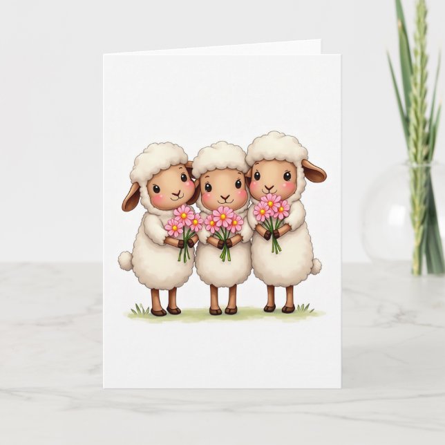 Three Sheep With Flowers Card (Front)