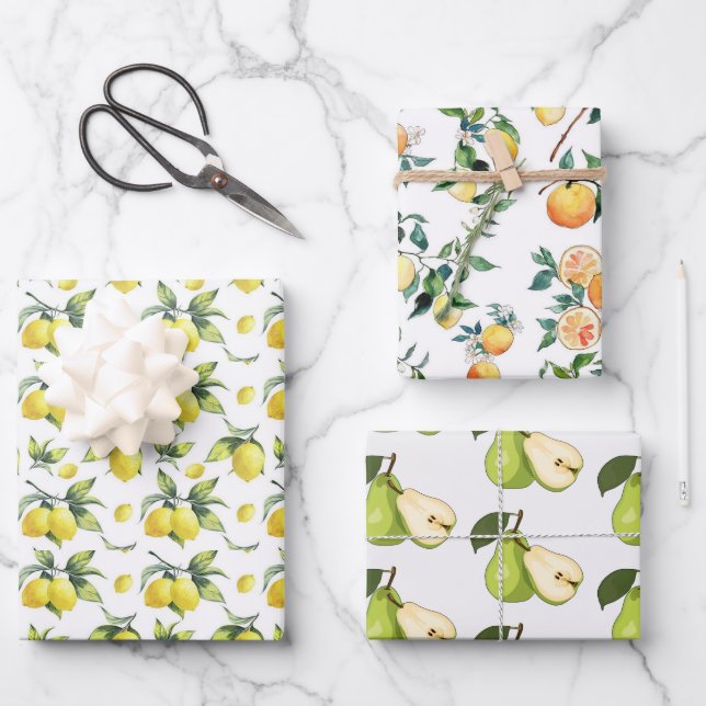 Three Sheets Wrapping Paper - Lemons Oranges Pears (Front)