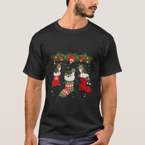 Three Sheltie Dog In Sock Christmas Santa Hat Xmas T_Shirt