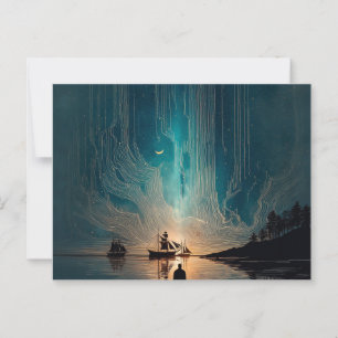 Three ships, crescent moon, glowing night sky postcard