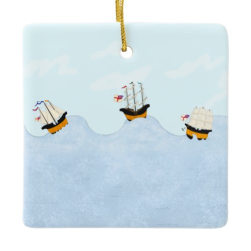 Three Ships Sailing on the Rolling Sea Ceramic Ornament