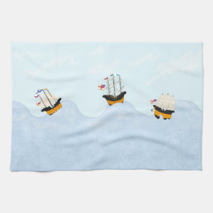 Three Ships Sailing on the Rolling Sea Nautical Kitchen Towel