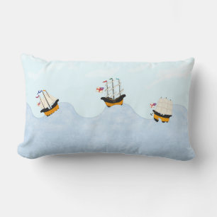 Three Ships Sailing on the Rolling Sea Nautical Lumbar Pillow