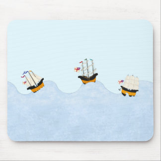 Three Ships Sailing on the Rolling Sea Nautical Mouse Pad