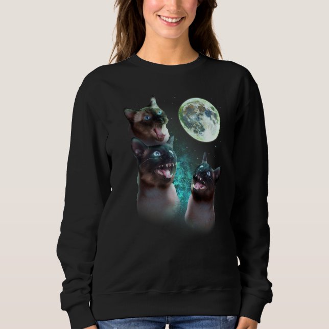Three Siamese Cats Howl At The Moon Funny Hallowee Sweatshirt (Front)