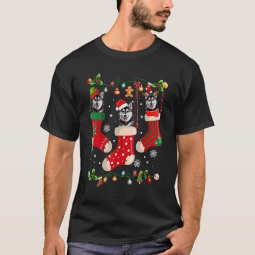 Three Siberian Husky In Sock Christmas Santa X mas T_Shirt