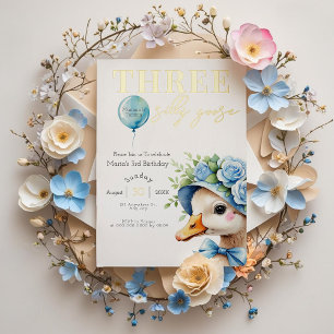 Three Silly Goose Boy 3rd Birthday  Invitation Foil Invitation