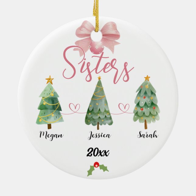Three Sisters Christmas Tree With Custom names Ceramic Ornament (Back)