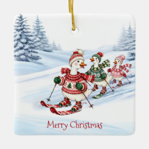 Three Skiing Ducks Ceramic Ornament