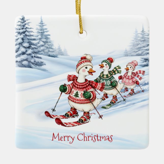 Three Skiing Ducks Ceramic Ornament (Front)
