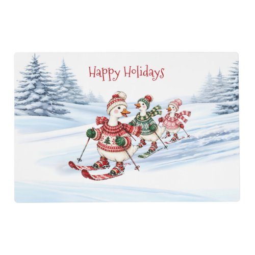 Three Skiing Ducks Holiday Paper Placemat