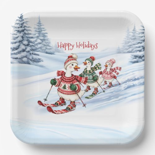 Three Skiing Ducks Holiday Paper Plate