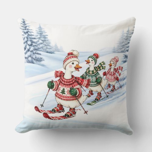 Three Skiing Ducks Holiday Throw Pillow