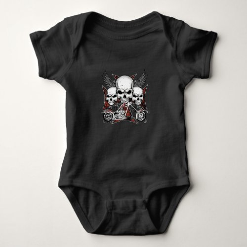 Three Skull with Red Chopper Motorcycle  Baby Bodysuit