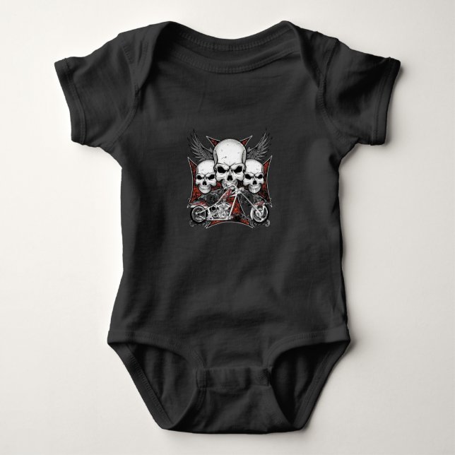 Three Skull with Red Chopper Motorcycle  Baby Bodysuit (Front)