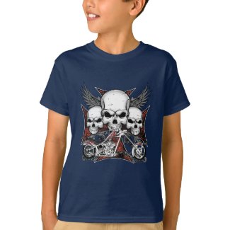 Three Skull with Red Chopper Motorcycle Boy T-Shi T-Shirt