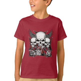 Three Skull with Red Chopper Motorcycle Boy T-Shi T-Shirt