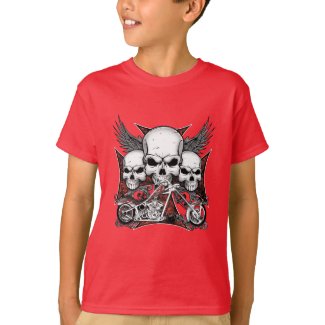 Three Skull with Red Chopper Motorcycle Boy T-Shi T-Shirt